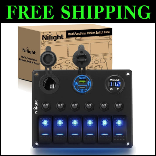 Pre-Wired 6 Gang Switch Panel Featuring LED Voltmeter & Cigarette Lighter Socket