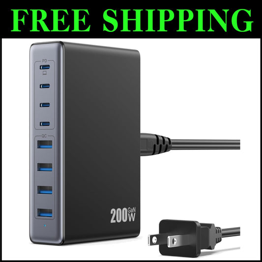 Versatile 200W GaN IV USB C Charger Hub - 8 Ports with Safety Protection