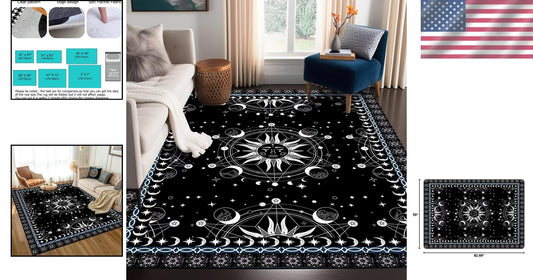 Whimsical 5' x 7' Black Polyester Floral Rug with Anti-Slip Design for Home Use