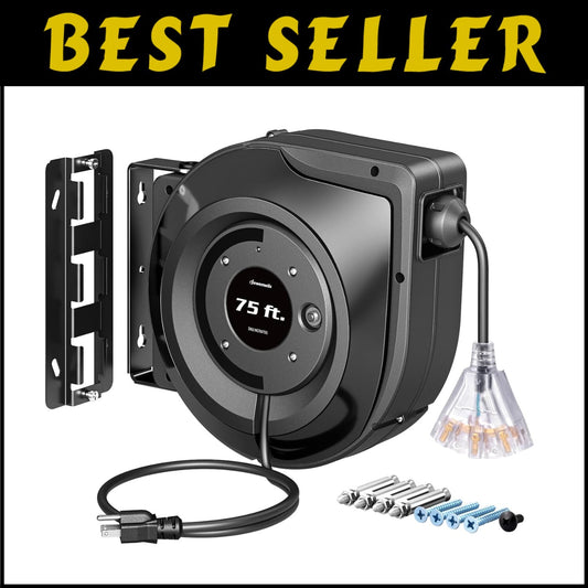 75FT Auto-Retracting Extension Cord Reel with Three Lighted Outlets - UL Listed
