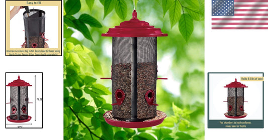 Durable Hanging Bird Feeder with 2 Chambers and 8.5 lb Seed Capacity - Crimson