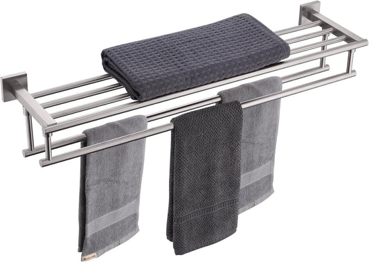 32-Inch Brushed Nickel Towel Shelf with Double Bars - Wall-Mounted Luxury
