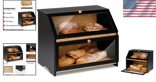 Modern Black Bread Keeper - Double-Layer Bamboo Storage with Plexiglass Window