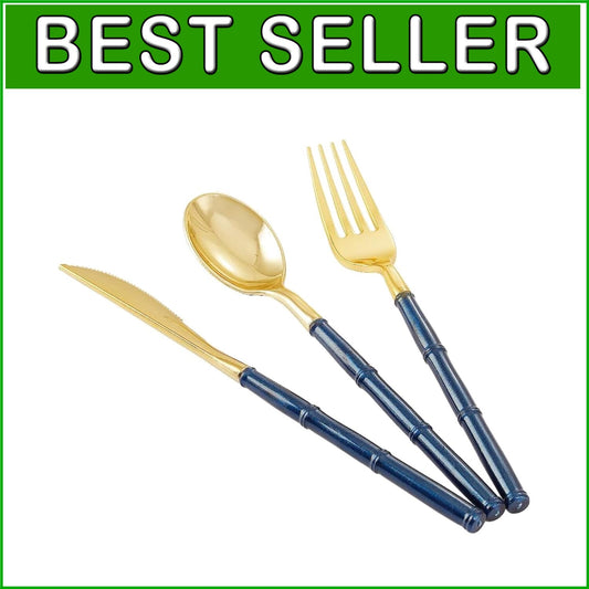 Disposable Gold Plastic Cutlery with Blue Glitter Bamboo Handles - 180 Pieces