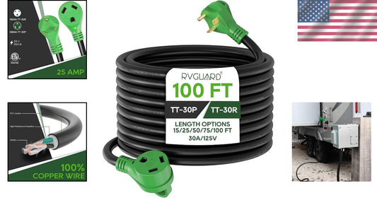 30 Amp 100 Ft RV Extension Cord with LED Indicator and Storage Bag - Heavy Duty