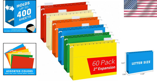 Assorted Color File Folders - Durable 2 Inch Expandable System for Home & Office