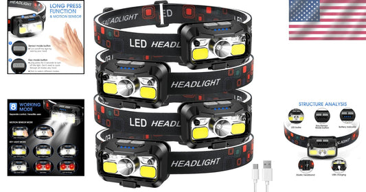 4-Pack Waterproof Rechargeable Headlamp - 8 Adjustable Modes for All Activities