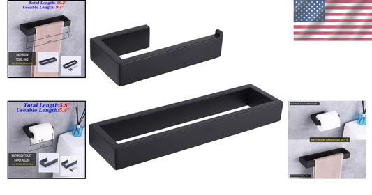 Contemporary Stainless Steel Bathroom Set with Matte Black Towel Ring & Holder