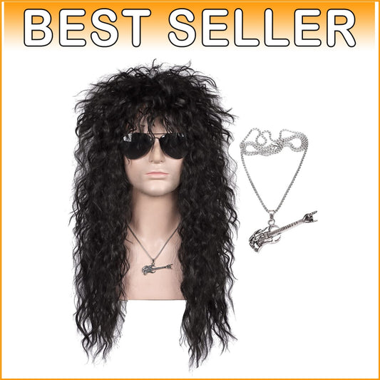 Alluring Long Black Wig with 80s Vibe - Heat-Resistant with Necklace Included