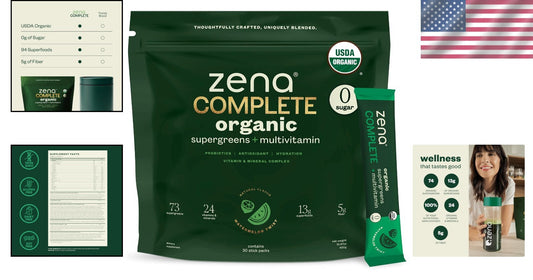 Zena Organic Super Greens Powder - 90+ Vitamins & Fiber, Watermelon Citrus Flav