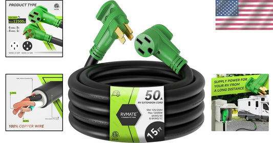 Flexible 50 Amp RV/EV Extension Cord with LED Power Indicator & Strap – 15 Ft