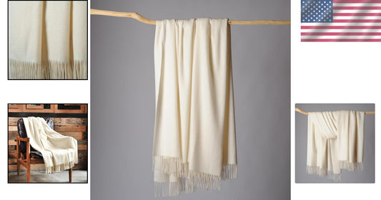 Elegant Lightweight Cashmere Blend Throw Blanket - Soft Ivory with Fringe Detail
