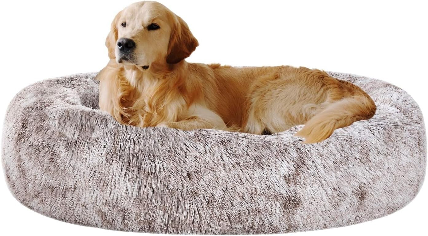 Luxurious Light Brown Faux Fur Pet Bed - Calming Cuddler for Medium Dogs