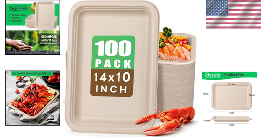 Heavy-Duty 14 Inch Compostable Food Trays - 100 Pack Natural Sugarcane Plates