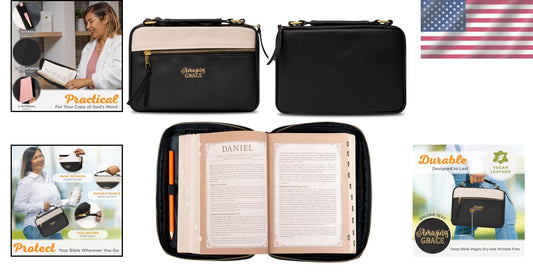 Water-Resistant 'Amazing Grace' Bible Cover in Stylish Black & Tan Faux Leather