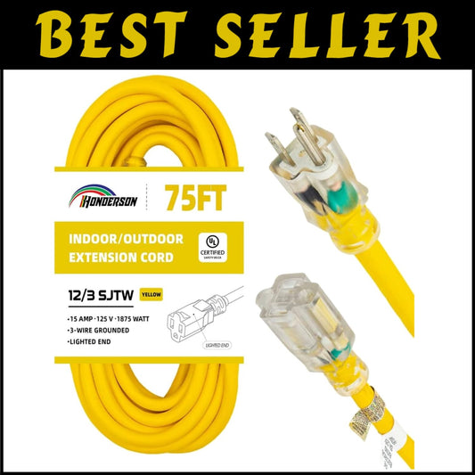 Long 75FT Yellow Extension Cord - 12 Gauge Heavy Duty with 3-Prong Ground Plug