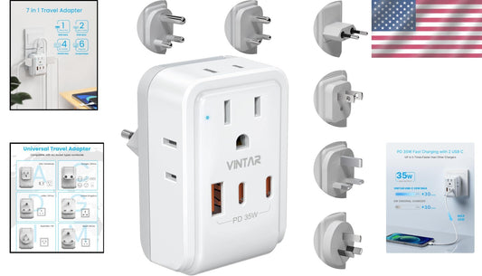 35W PD Universal Travel Adapter with 3 USB Ports & 6 Plug Types for Global Use