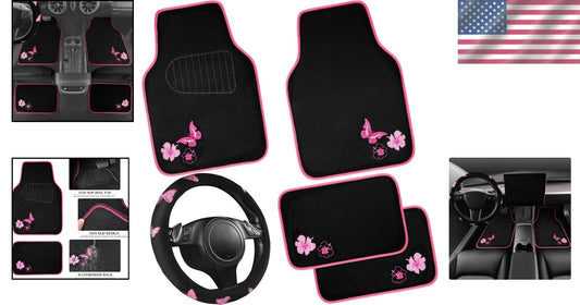 Elegant Pink Car Mats & Exercising Steering Wheel Cover with Butterfly Design