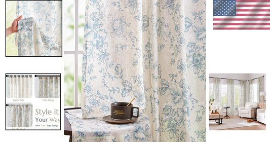 Elegantly Floral Blue Linen Blend Curtains - 63 Inch Light-Filtering Drapes