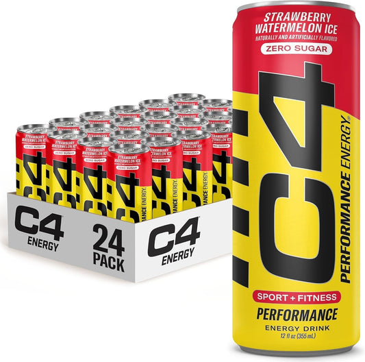 C4 12oz Strawberry Watermelon Ice Energy Drink - Pack of 24, No Sugar, No Dyes