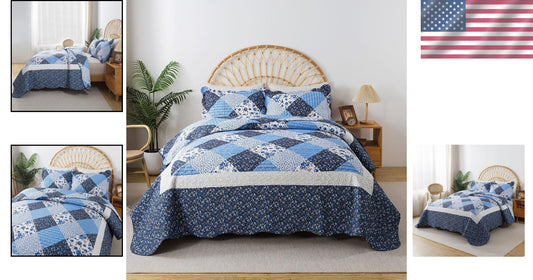 California King Quilt Set - 120x120 Blue Rustic Floral Bedspread & 2 Pillowcases