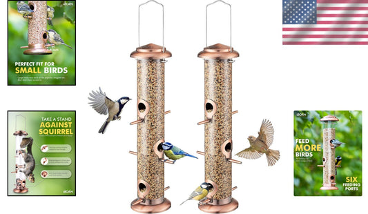 Durable 6-Port Hanging Bird Feeders - Brushed Copper Finish, Set of 2