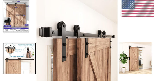 6FT Rustic Bypass Sliding Barn Door Hardware Kit for Double Doors - Black Steel