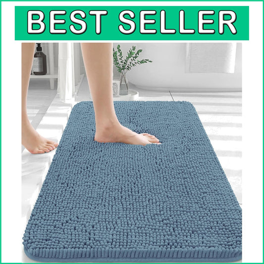 Airy Blue Chenille Bath Mat 30x20 - Plush, Absorbent & Machine Washable Beauty