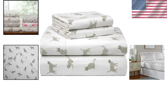 Luxurious 4-Piece Cat-Themed Flannel Sheet Set for Queen Beds - Machine Washable