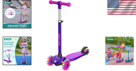 Purple Kids Kick Scooter - 3 Adjustable Heights, LED Wheels, Lightweight Design