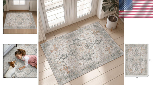 Retro Floral 2x3 ft Area Rug - Machine Washable, Non-Slip Doormat in Taupe