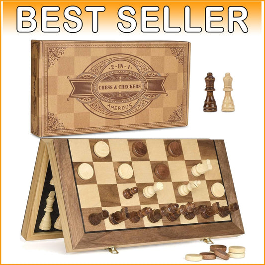 15'' Classic Wooden Chess & Checkers Set with Magnetic Pieces - Family Fun Game