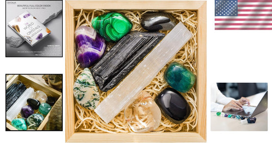 7 High-Grade Healing Stones with Wooden Display Box & Info Guide - Perfect Gift