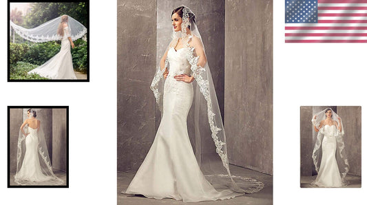 Elegant Lightweight Bridal Veil - 106 Inch Tulle with Lace and Secure Comb