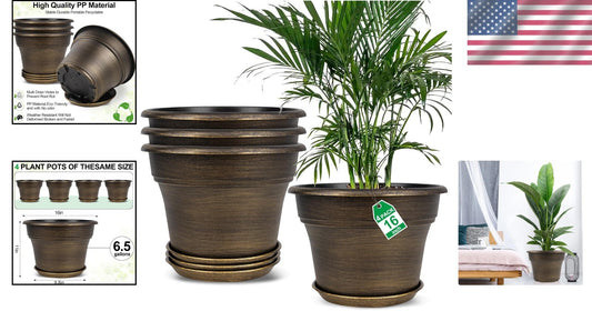 Stylish Resin Plant Pots 16-Inch with Drainage Holes - Dark Gold, Set of 4
