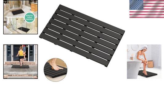 Elegant Black Bamboo Bath Floor Mat - Non-Slip and Waterproof, 31.3"L x 18.1"W