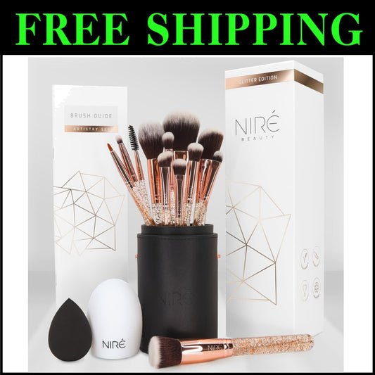 Award-Winning Glitter and Rose Gold Makeup Brush Set - Sustainable Gift Boxed