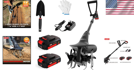 20V Cordless Tiller Cultivator with 24 Steel Tines - Ergonomic & Lightweight