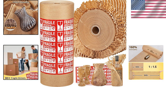 15''x400' Honeycomb Wrap with 30 Fragile Labels - Ideal for Shipping & Gifts