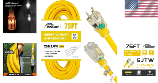 Long 75FT Yellow Extension Cord - 12 Gauge Heavy Duty with 3-Prong Ground Plug