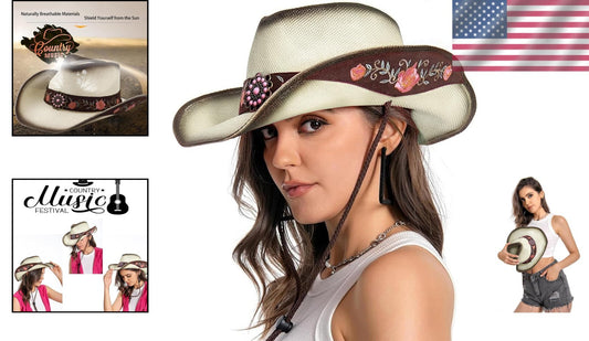 Handmade Peony Embroidered Straw Cowboy Hat for Women - Perfect for Festivals