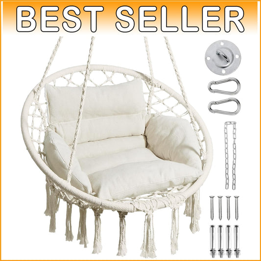 Versatile Macrame Hanging Chair with Adjustable Cushion – 330lbs Capacity, Beige