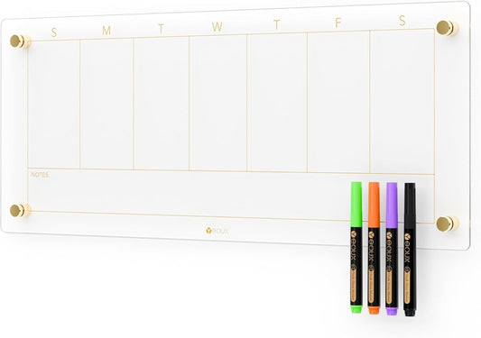Elegant Glass Weekly Dry Erase Calendar with 4 Markers - 23x9.5 for Home Office