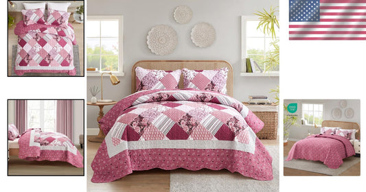 Elegant King Size Floral Pattern Bedspread - Lightweight, Reversible 3-Piece Set