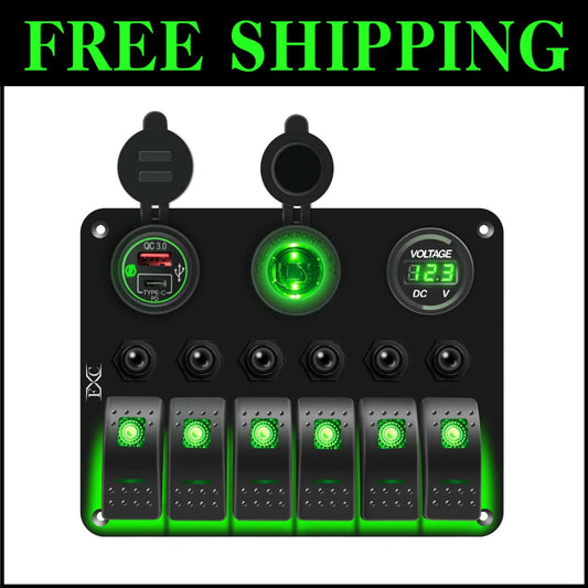 6 Gang Marine Rocker Switch Panel with QC3.0 USB & Voltage Reader - Sleek Design