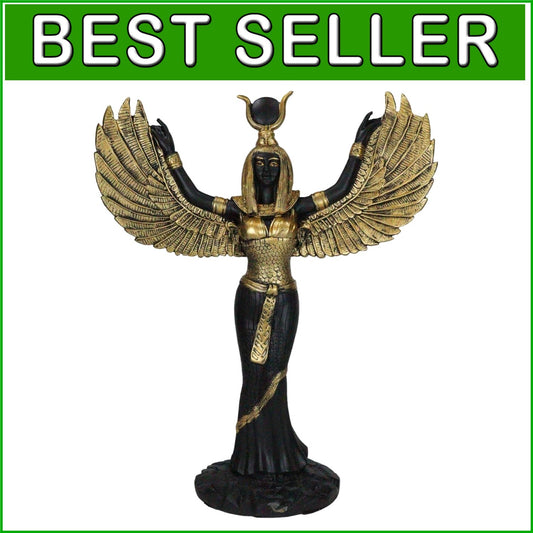 Handcrafted Isis Goddess Statue - 12" Open Wings Decor in Elegant Black & Gold