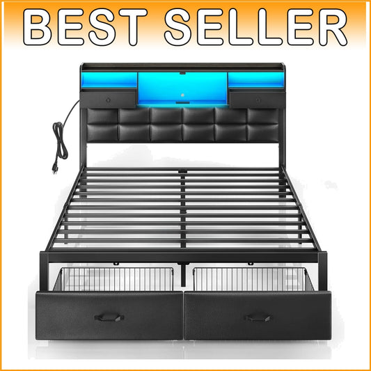 Full Size Upholstered Bed Frame with Drawers & USB Charging Station - Black
