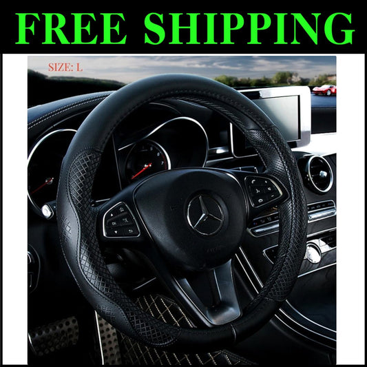 Soft Black Cowhide Steering Wheel Cover with Eco-Friendly Inner Ring - 15.5 Inch