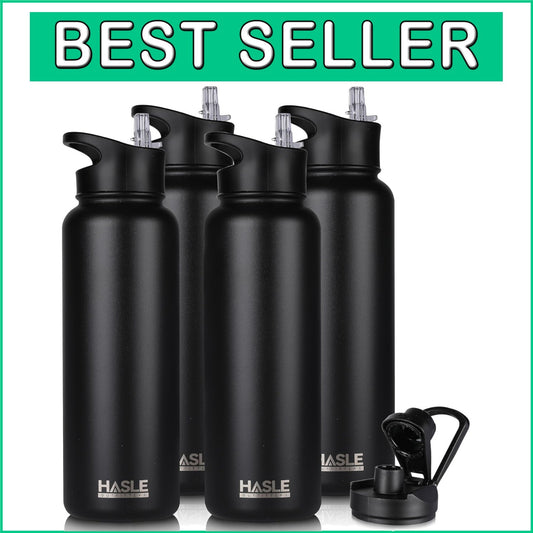 Double Walled 40oz Insulated Black Water Bottle with Straw & Spout Lid Bundle