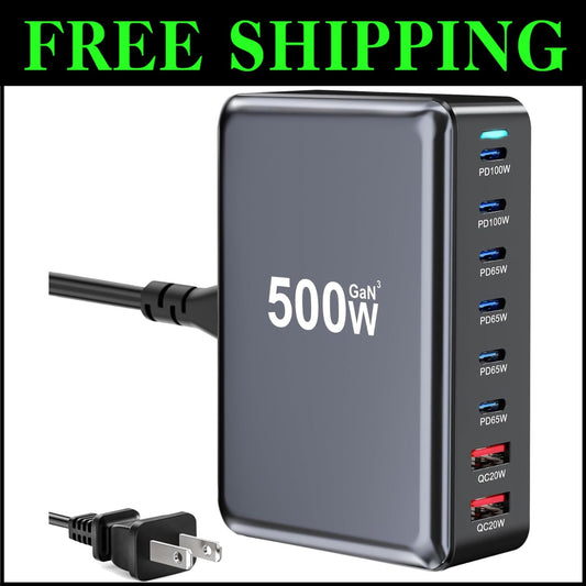 Advanced 500W USB C Charger with 8 Ports - Travel-Friendly & Safe Power Solution